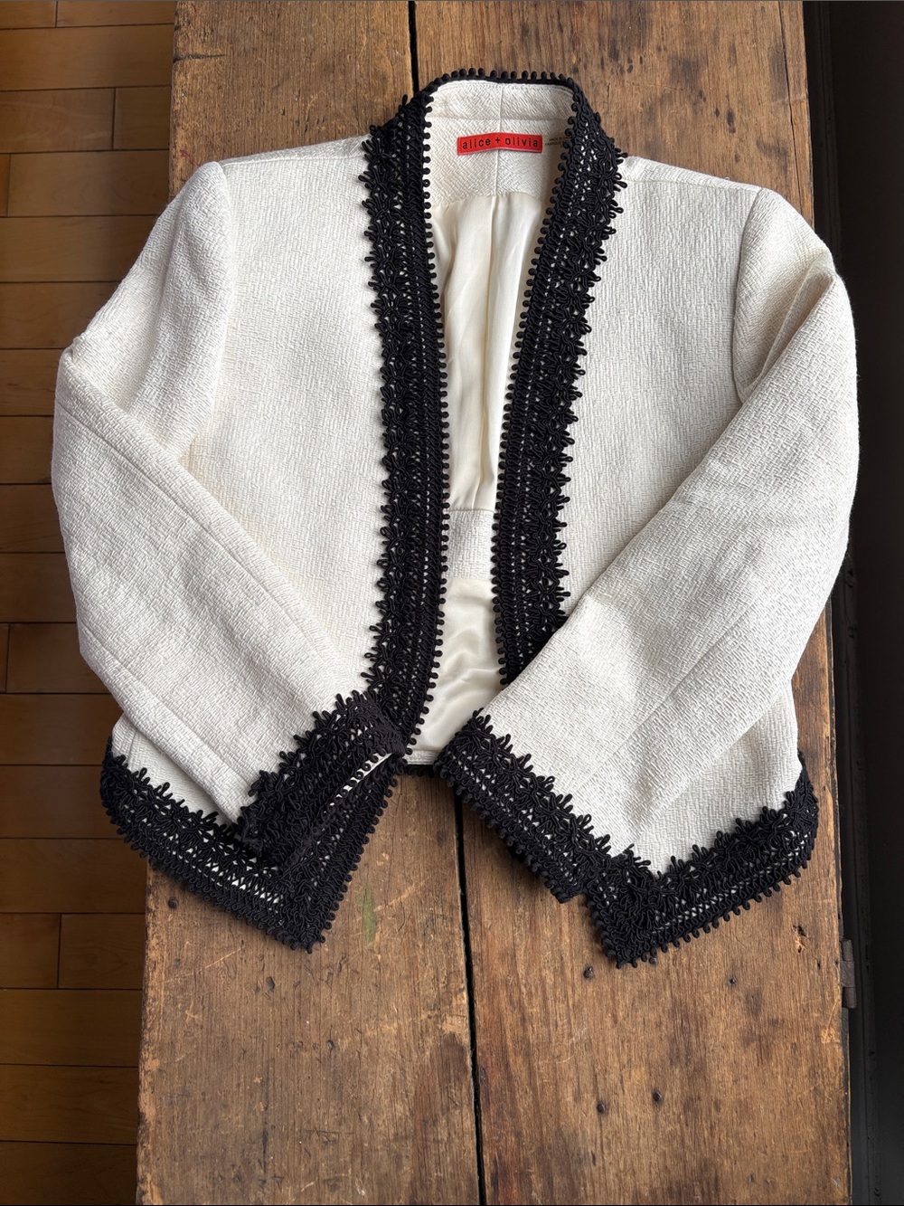 Alice + Olivia Open-Front Jacket with Black Trim